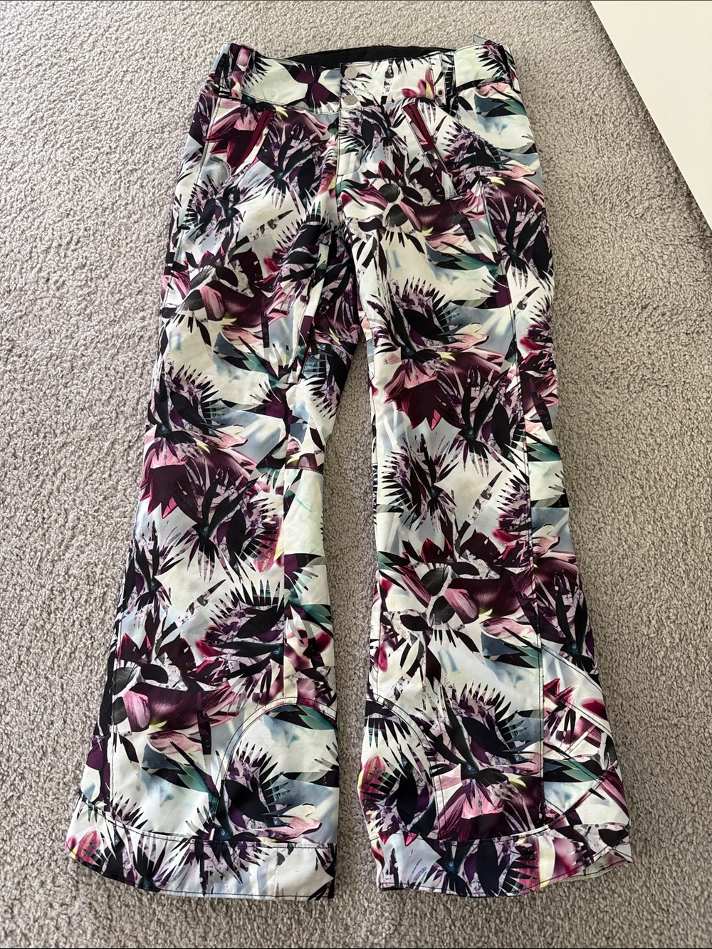 Kids Floral Print Flared Snow Pants in Purple and Teal